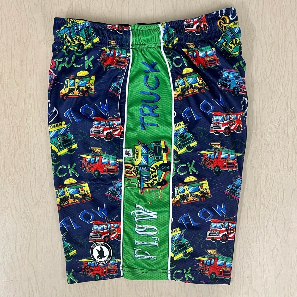 Flow Society Lacrosse Shorts Boys Medium Food Trucks Lax Donuts Pizza Tacos Navy - Picture 2 of 3